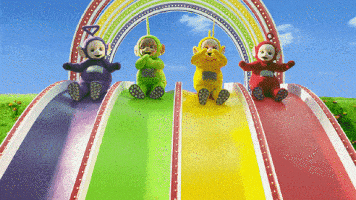 Teletubbies going down a rainbow slide