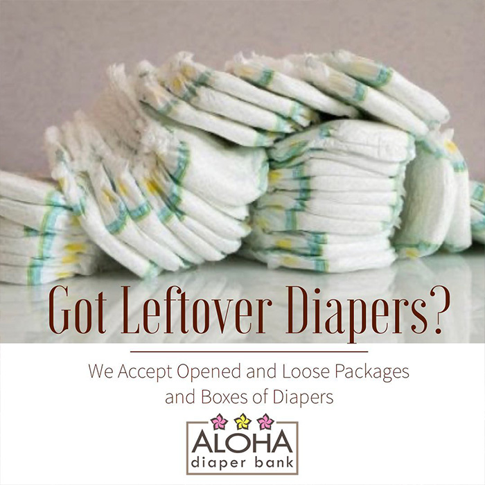 A piles of diapers with the text,'got leftover diapers? we accept opened and loose packages and boxes of diapers.  Aloha diaper bank'