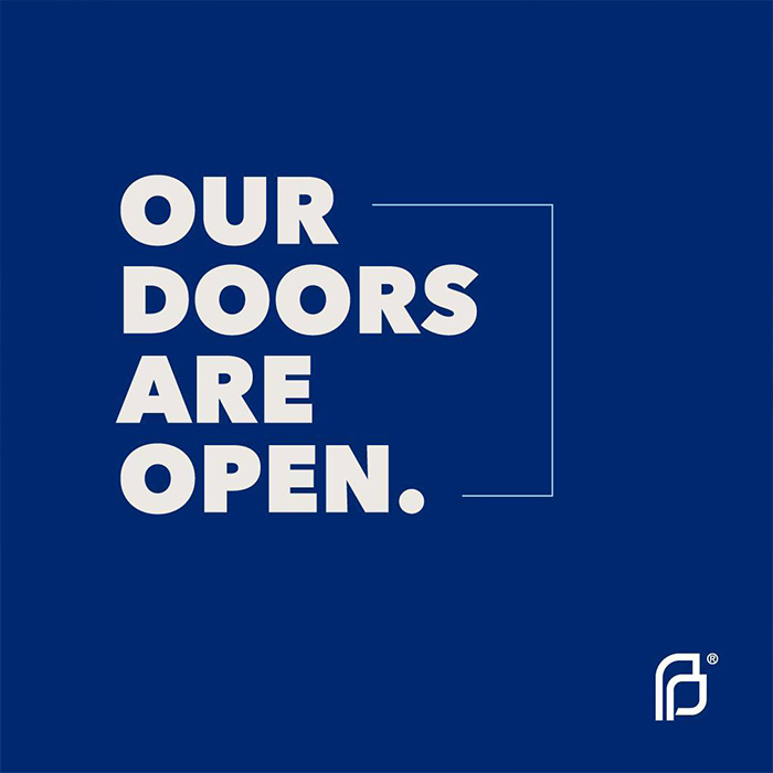 planned parenthood graphic with text that says,'our doors are open.'